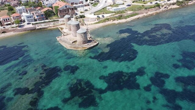 Chios, Greece - May 2021. Aerial video by drone of the windmills of Chios Island in Greece