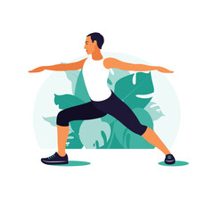 Fototapeta na wymiar Man exercising in the park. Outdoor sports. Healthy lifestyle and fitness concept. Vector illustration in flat style.
