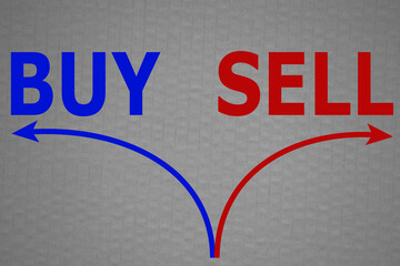 Buy versus Sell on a gray cardboard with opposite arrows. Concept for financial analysis, stocks market, economy
