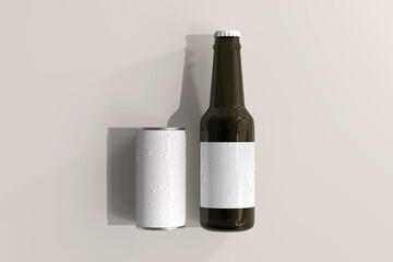 180ml Mini Soda or Beer Can and Bottle with Water Drops 3D Rendering