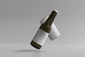 180ml Mini Soda or Beer Can and Bottle with Water Drops 3D Rendering