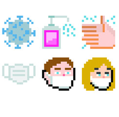 Coronavirus prevention pixel art icon set 