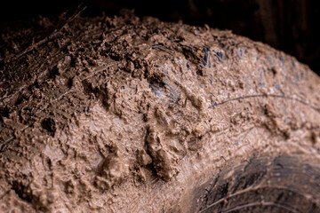 Car wheels in mud. Off road car dirty tire protector. Adventure travel concept background.