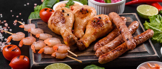 Composition of sausages, chicken, pork and shrimp prepared on grill, as well as vegetables prepared on grill with spices and herbs