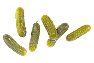 Delicious marinated pickled cucumbers isolated on a white background, top view.