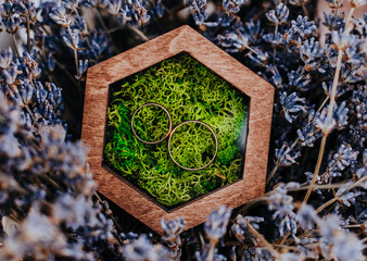 Two wedding rings in a wooden box with a moss plant on a purple lavender flowers background