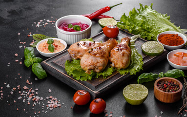 Tasty grilled chicken legs with spices and herbs on a wooden board on a dark concrete background