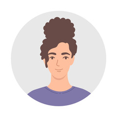 Beautiful flat icon with woman avatar for web design. Smile icon vector. Curly brown hair. Flat vector character illustration. Beautiful young woman portrait in cartoon style