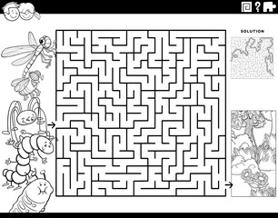 maze game with insects and meadow coloring book page