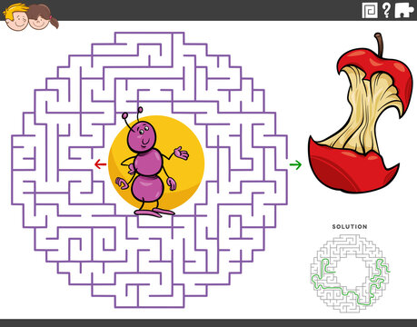 maze educational game with cartoon ant and apple core