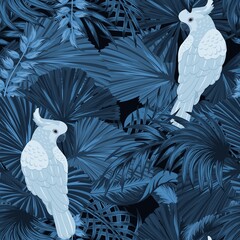 Tropical vintage palm leaves, banana leaves, cockatoo parrot, seamless pattern black background. Exotic jungle wallpaper. © Natalia
