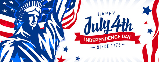 Happy 4th of July, independence day since 1776 design with ribbon on the trendy USA waving flag and statue of liberty background.
 - obrazy, fototapety, plakaty