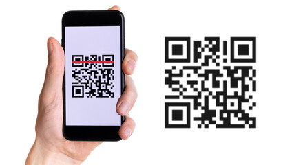 Id qr. Hand holding mobile smartphone screen for online pay, scan barcode technology with qr code scanner on digital smart phone. Qrcode payment, online shopping, cashless technology concept.