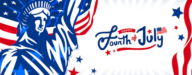 Happy 4th of July custom hand-lettering design with star and USA flag on the trendy USA waving flag and statue of liberty background.  © Tajuddin