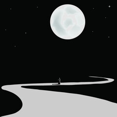 A woman walks a lonely road under an oversize moon.