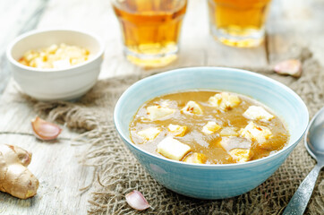 Saag Paneer in a bowl on a wood background.