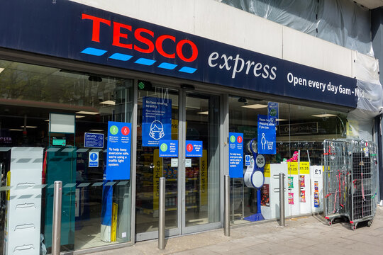 London UK, May 9th 2021: Tesco Express, 45 Whitechapel Rd, London E1 1DU. Concept, inflation, cost of living, rising prices, more expensive food.