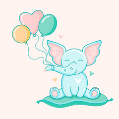 Vector illustration flat cute elephant with colored balloons on a soft pillow