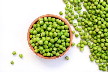 green peas on bowl on white background.