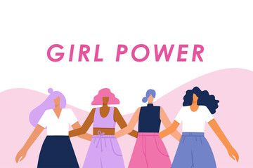 Group of diverse young modern women standing together. Girl power concept banner with slogan. Hand drawn colorful vector illustration.