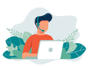 Online assistant landing page. Man with headphones with computer. Concept illustration for support, assistance, call center. Technical support. Virtual help service. Vector illustration in flat.