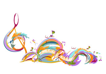 Abstract musical design with a treble clef and colorful splashes, notes and waves. Colorful treble clef. Hand drawn vector illustration. - 432935184