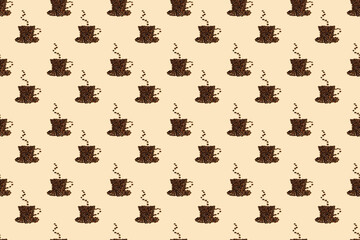 Creative pattern with a drink, flat lay. A cup of hot coffee, cappuccino, latte or americano with steam on top, lined with coffee beans on a light beige background.