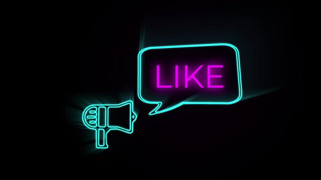 Like shere text animated megaphone with speech bubble title highlight slide closing in, chroma black screen shot.