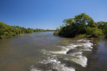 Naklejka na ściany i meble Tropical rainforest landscape. View of the Iguazu river flowing across the jungle. 