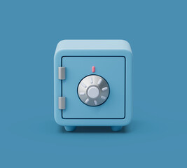 Close Safe box front view on blue pastel background with soft shadows. Simple 3d render illustration.