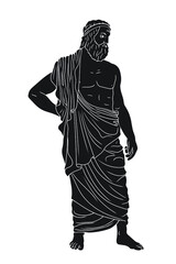 The ancient Greek god Zeus with a beard in a cape stands barefoot.