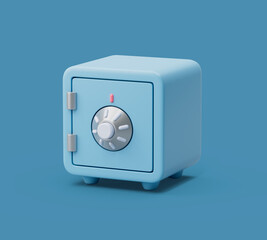 Close Safe box front view on blue pastel background with soft shadows. Simple 3d render illustration.