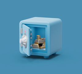 Open Safe box with treasure inside front view on blue pastel background with soft shadows. Simple 3d render illustration.