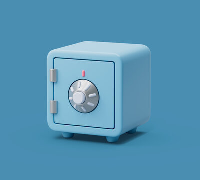 Close Safe Box Front View On Blue Pastel Background With Soft Shadows. Simple 3d Render Illustration.