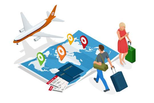 Isometric Business travel and tourism concept. Air tickets or boarding pass, passports on world map. Buying or booking online tickets.