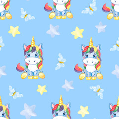 Fototapeta premium Seamless pattern with blue unicorns on a blue background, pattern with unicorns and stars, pattern for baby clothes