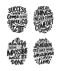 Set with hand drawn lettering quotes in modern calligraphy style about business motivation. Inspiration slogans for print and poster design. Vector