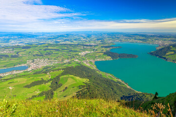 Panoramic views along hiking trail around Rigi Kulm, the highest peak on Mount Rigi over 13 lakes...