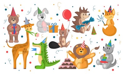 set of wild animals celebrate birthday. cute cartoon animals in flat style. vector illustration isolated on white background. party of animals in cone hats with gifts and cake.  © Юлия Рубаха