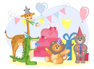 set of wild animals celebrate birthday. cute cartoon animals in flat style. vector illustration isolated on white background. party of animals in cone hats with gifts and cake. 