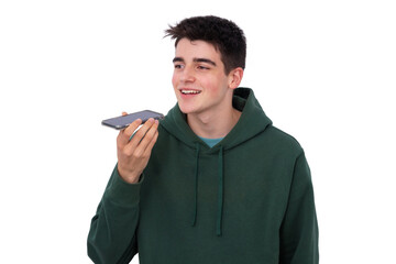 isolated young teenager boy talking on mobile phone with hands free