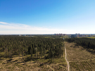 View from the height of the road in the field, the forest on the outskirts of the city with residential high-rise buildings. Panoramic beautiful photo from a drone. Picturesque photo wallpaper, screen