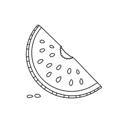 A piece of watermelon line style icon with a bite released on a white background. Vector coloring illustration.