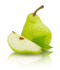 Ripe sweet green pear isolated on white background. Fresh fruit food.