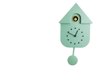 Close up view of grey wall cuckoo clock on white background. Sweden.