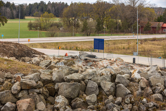 Close up view of construction imploding works on rocky terrain. Sweden. 