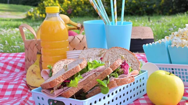 picnic in the park on the green grass. Summer sunny day and picnic basket. Popcorn and sandwiches for a snack outdoors in nature. in bright plastic dishes .