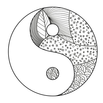 Yin and Yang. Zentangle. Hand drawn mandala on isolation background. Design for spiritual relaxation for adults. Line art creation. Black and white illustration for coloring. Zen art. Outline
