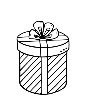 Festive round gift box with a bow isolated on white background. Vector hand-drawn illustration in doodle style. Perfect for cards, logo, invitations, decorations, birthday designs.