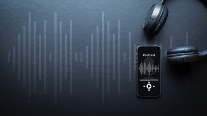Podcast music. Mobile smartphone screen with podcast application, sound headphones. Audio voice with radio microphone on black background. Broadcast media music banner with copy space. - Powered by Adobe